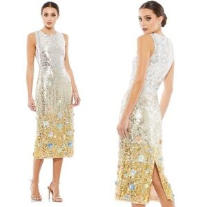 Mac Duggal HIGH NECK DRESS Sequin Gold and Silver Floral Dress size 0